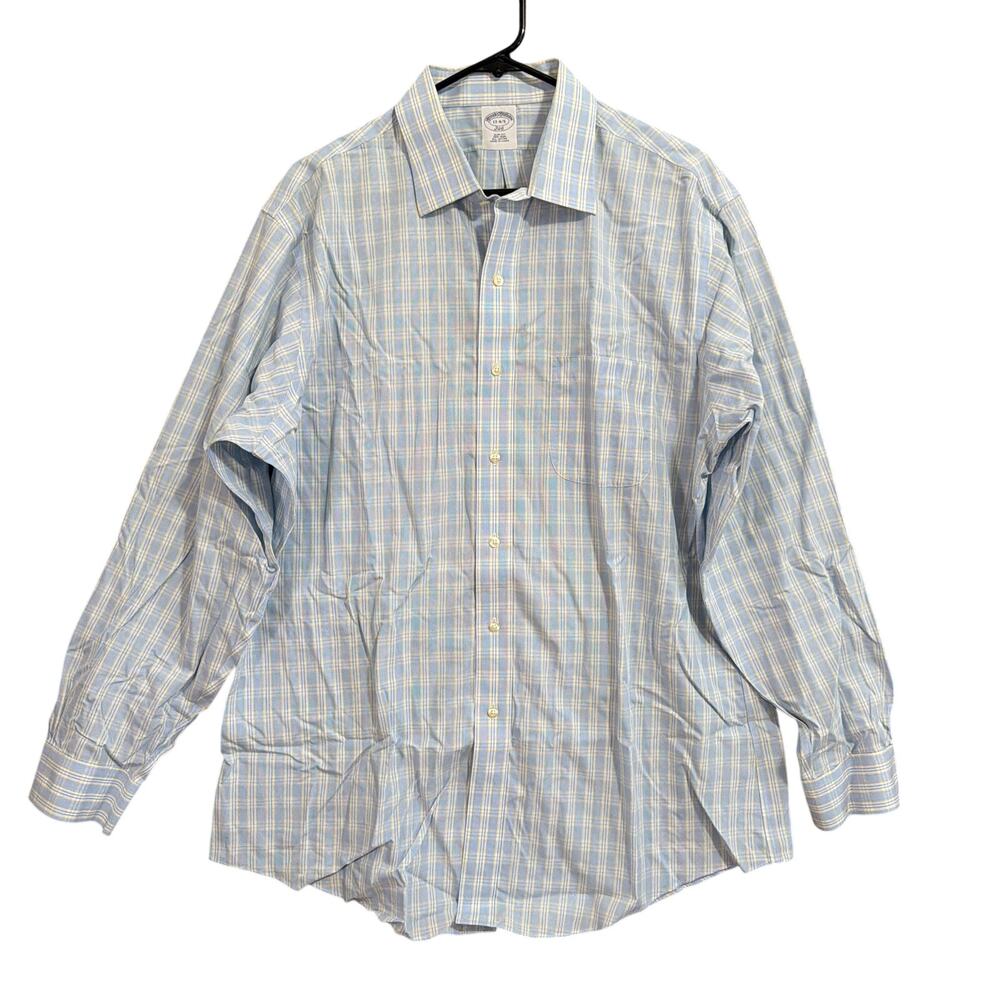 Brooks Brothers Mens Shirt Blue Yellow Gingham 346 Slim Fit Non Iron 17 4/5